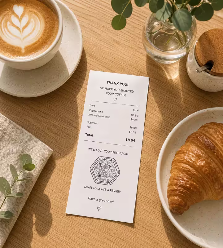 मेज़ पर पड़ी कैफ़े की रसीद, जिस पर “Thank you! We hope you enjoyed your coffee”, मदवार जोड़ और “Scan to leave a review” लिखा षट्कोण QR कोड है