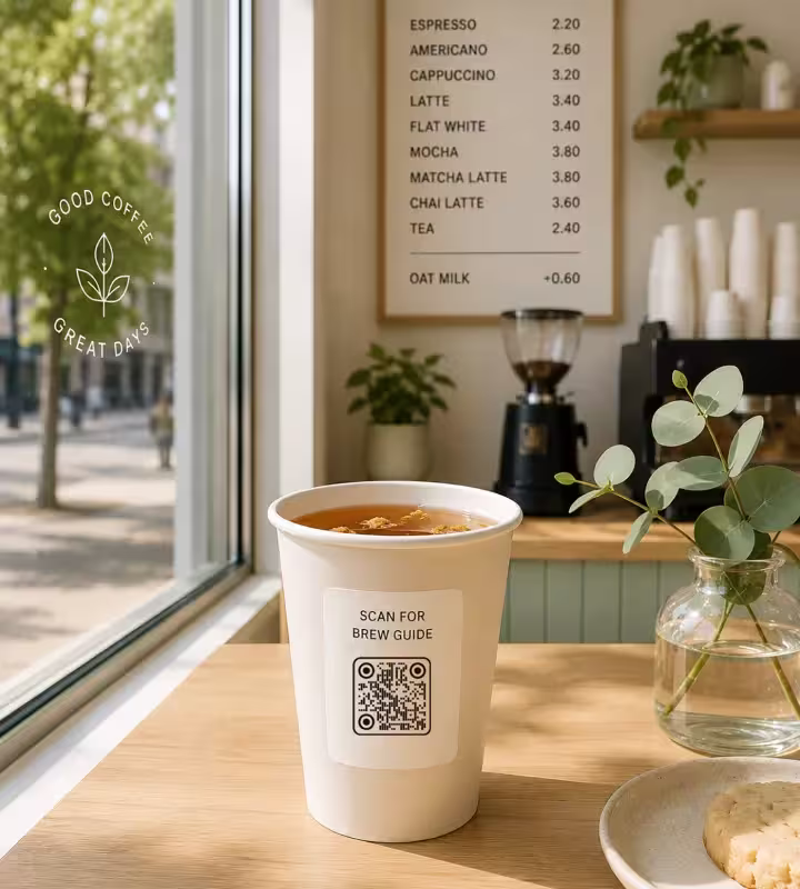 कैफ़े की खिड़की की देहरी पर रखा सफ़ेद टेकअवे कप, जिसके किनारे “Scan for brew guide” लेबल और QR कोड है, पीछे क़ीमत का बोर्ड