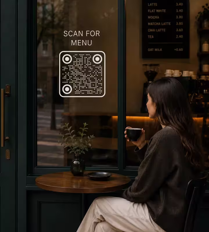 कैफ़े की गहरी हरी खिड़की पर लगा “Scan for menu” डेकल, भीतर खिड़की वाली मेज़ पर बैठी ग्राहक और उसके पीछे ड्रिंक बोर्ड
