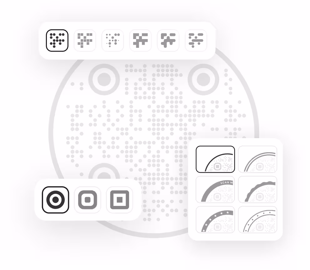 A QR code with panels for choosing module patterns, eye styles, and frames