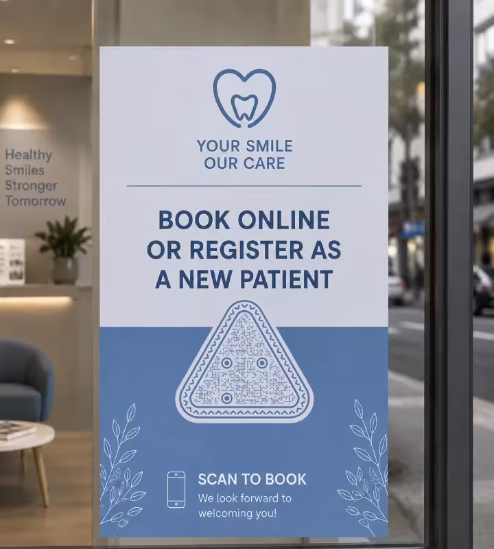 दंत क्लीनिक की खिड़की पर लगा डेकल, जिस पर “Book online or register as a new patient” और त्रिकोण QR कोड है, काँच के पार प्रतीक्षालय दिखता हुआ