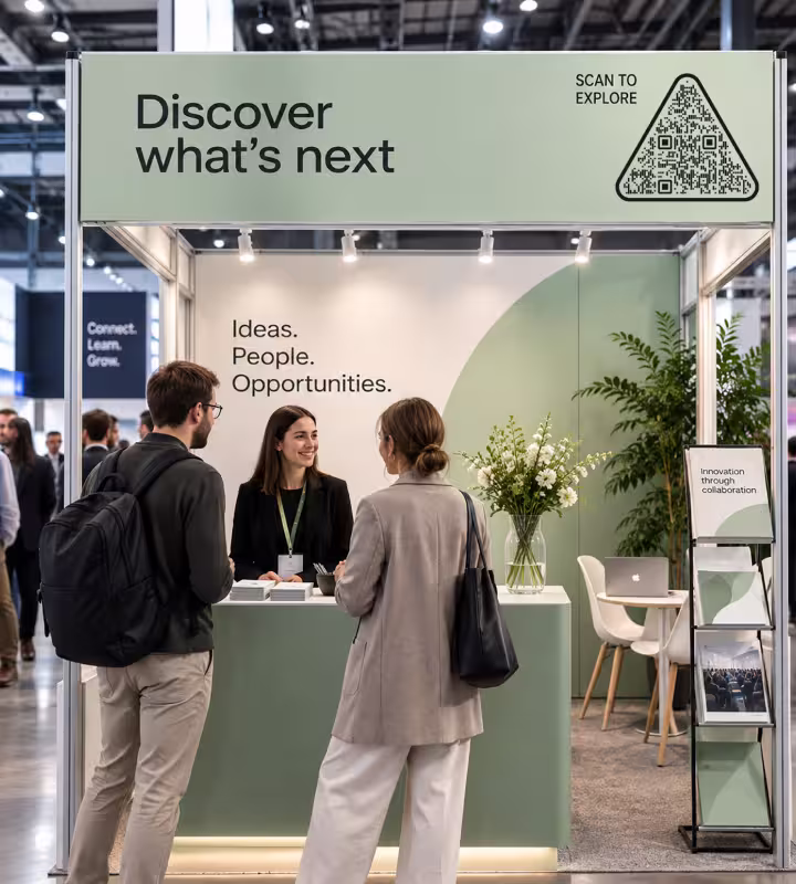 An exhibition stand with “Discover what's next” across the fascia and a triangular QR code marked “Scan to explore” in the corner, with visitors talking to the staff at the counter