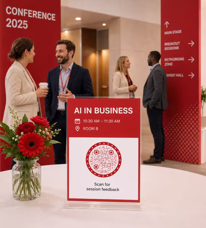 A session table card at a conference reading “AI in business, 10:30-11:30 am, Room B”, with a round QR code marked “Scan for session feedback”
