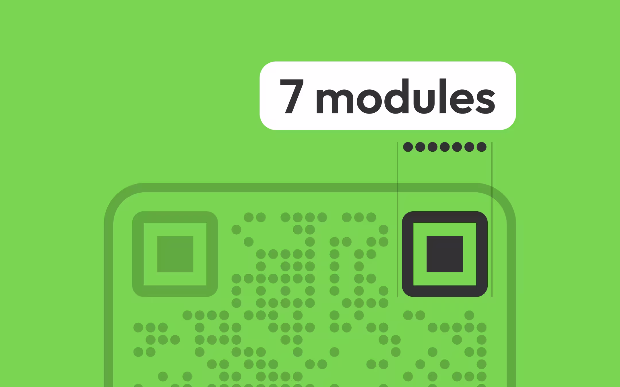 A close-up of a QR code in green, with one of its three finder patterns picked out in near-black in the top-right corner while the rest of the symbol is faded back, and a measurement guide above it spanning the pattern's width with seven dots between two rules, under a white label reading "7 modules".