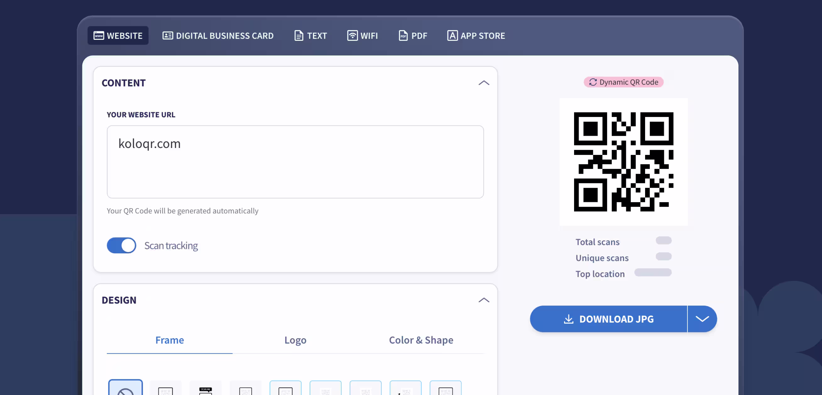 QR Code Generator's editor with website, digital business card, text, WiFi and PDF tabs, a URL field with scan tracking switched on, and a dynamic QR code preview above scan counters and a Download JPG button