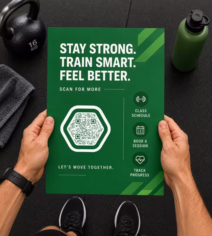 हाथों में पकड़ा हरा जिम पर्चा, जिस पर “Stay strong. Train smart. Feel better.”, षट्कोण QR कोड और कक्षा कार्यक्रम, सत्र बुक करने तथा प्रगति देखने के लेबल हैं