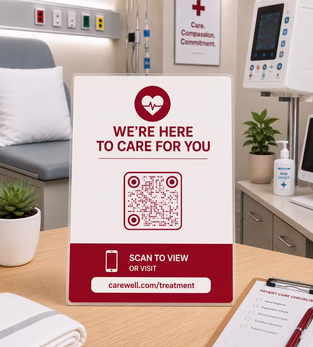 उपचार कक्ष में बिस्तर के पास की मेज़ पर खड़ा कार्ड, जिस पर “We're here to care for you”, लाल QR कोड और “Scan to view” लिखा है, बग़ल में बिस्तर, मॉनिटर और मरीज़ देखभाल की जाँच-सूची