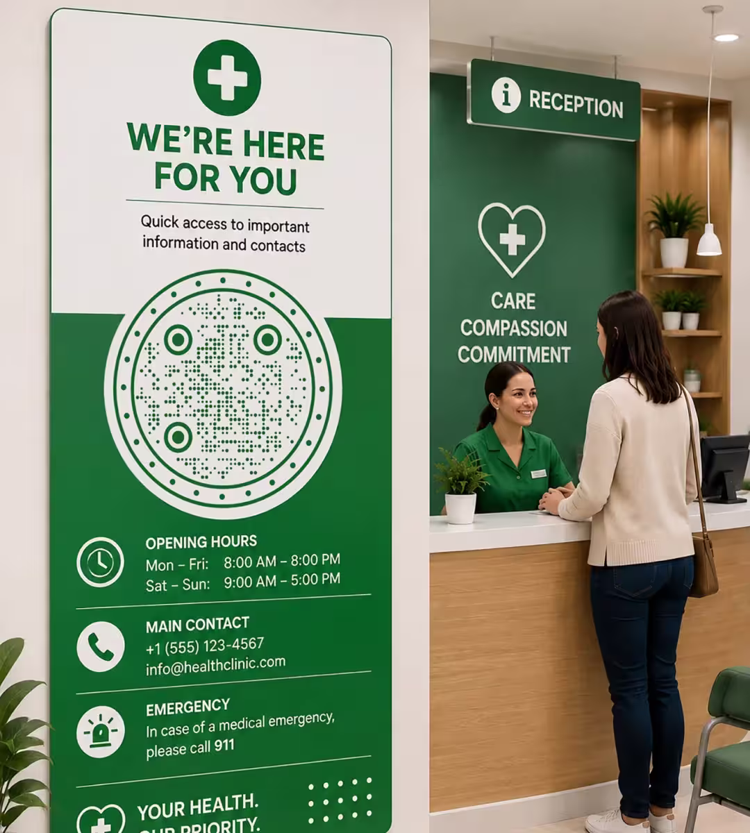 Um painel verde alto ao lado da recepção de uma clínica com «Estamos aqui por você: acesso rápido a informações e contatos importantes», um QR code redondo grande, o horário de funcionamento, o contato principal e o número de emergência