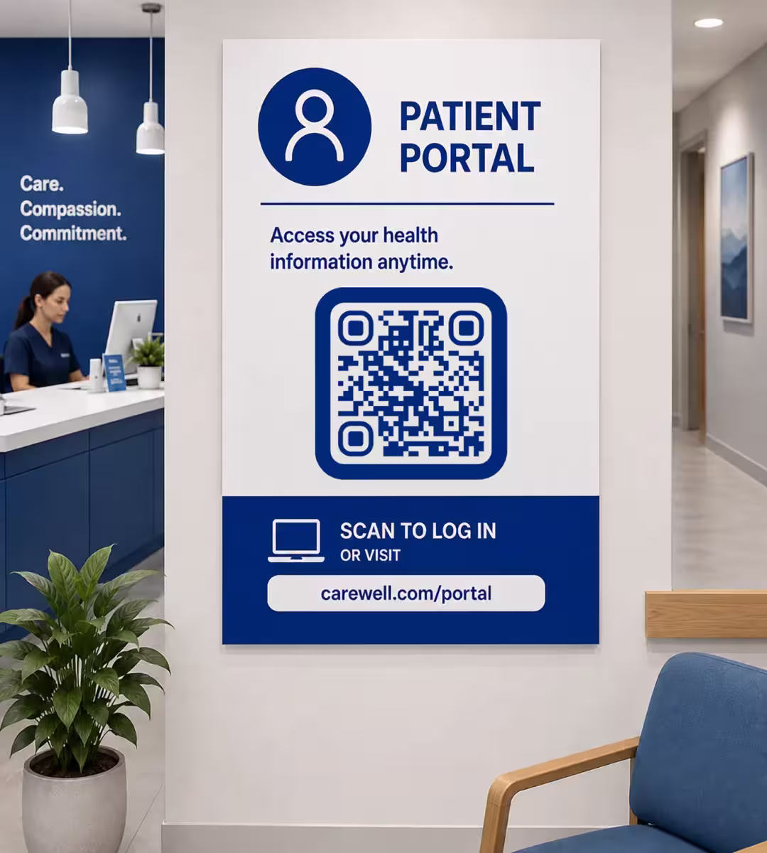 Um cartaz azul de «Portal do paciente» na parede da sala de espera com «Acesse suas informações de saúde quando quiser», um QR code quadrado grande e «Escaneie para entrar»