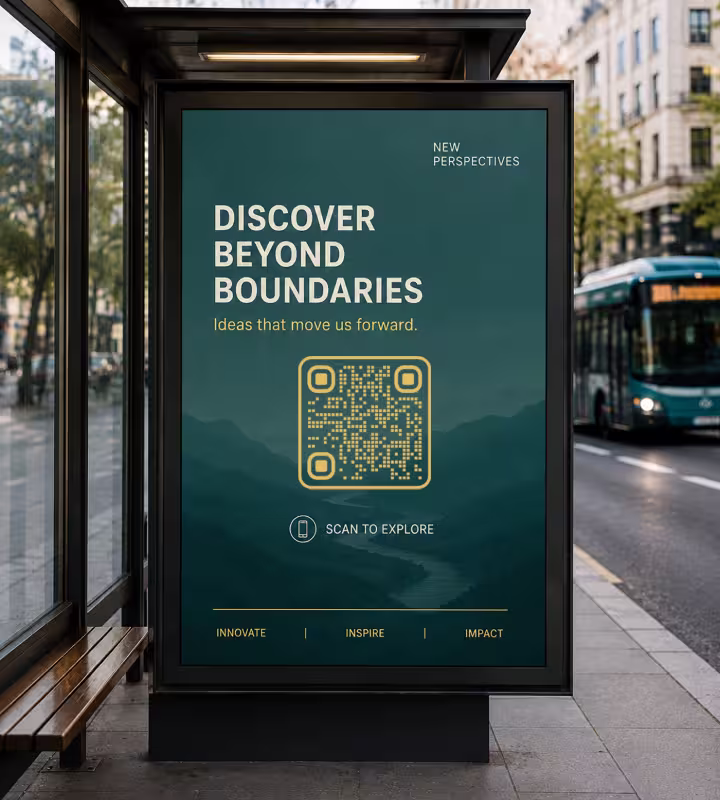 A dark green bus shelter poster reading “Discover beyond boundaries” with a large gold QR code and “Scan to explore”, with a bus passing on the street behind