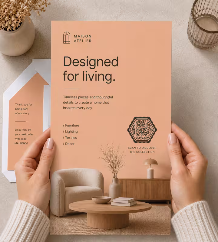 Hands holding a peach direct mail flyer reading “Designed for living” with a hexagonal QR code marked “Scan to discover the collection”, beside the envelope and a discount code slip