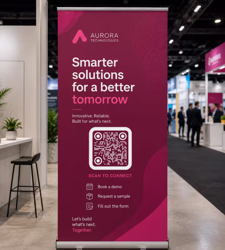 A magenta roll-up banner at a trade show reading “Smarter solutions for a better tomorrow” with a square QR code marked “Scan to connect” and options to book a demo, request a sample or fill out the form