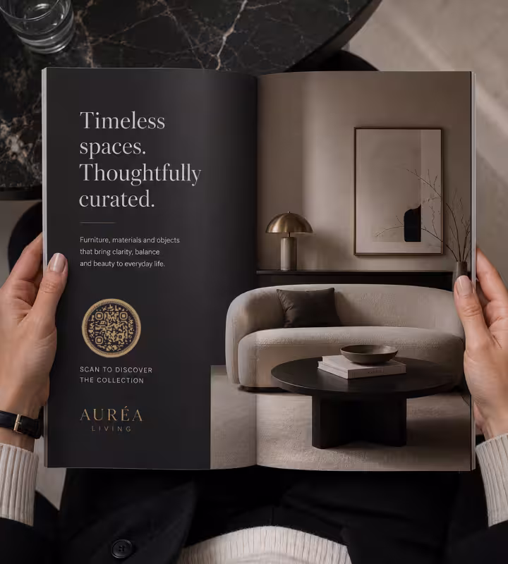 Hands holding an open magazine at a full-page interiors ad reading “Timeless spaces. Thoughtfully curated.”, with a round gold QR code marked “Scan to discover the collection”