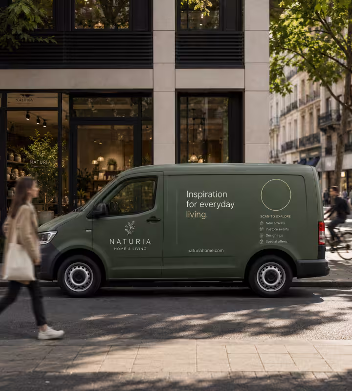 A green delivery van parked outside a shop, its side panel printed with “Inspiration for everyday living” and a round QR code marked “Scan to explore”, listing new arrivals, events, design tips and offers