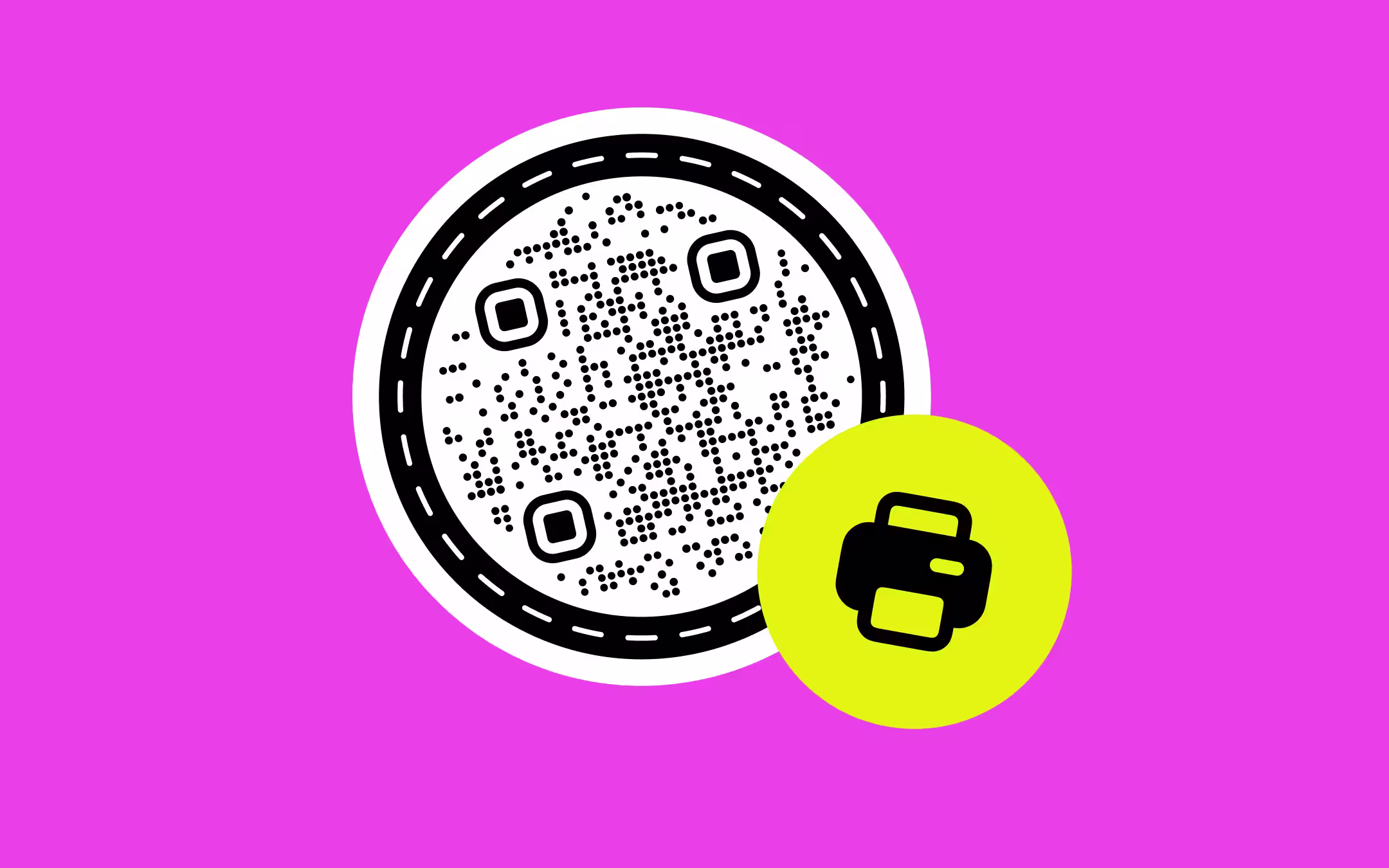 QR Code ขาวดำทรงกลมอยู่ในวงเส้นประสำหรับตัดบนพื้นหลังสีบานเย็น โดยมีวงกลมสีเขียวมะนาวที่มีไอคอนเครื่องพิมพ์ซ้อนอยู่ที่ขอบด้านล่างขวา