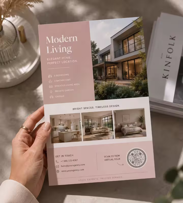 हाथ में पकड़ा गुलाबी प्रॉपर्टी पर्चा, शीर्षक “Modern living”, जिसमें कमरों की तस्वीरें, कमरों की सूची और संपर्क ब्योरे के बग़ल में “Scan to view virtual tour” लिखा छोटा गोल QR कोड है