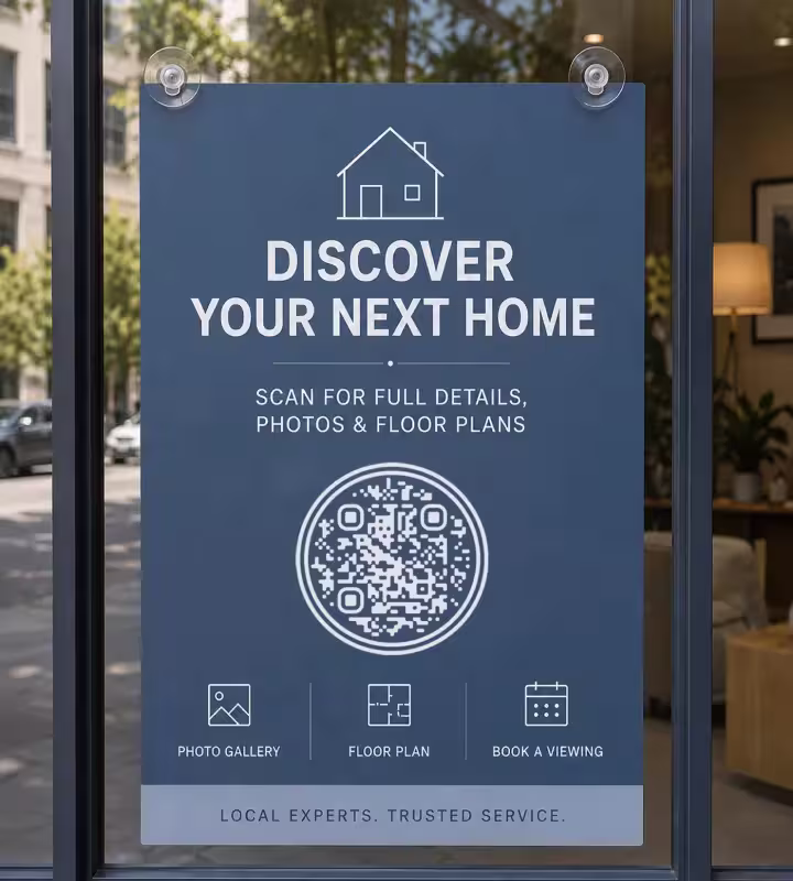 एजेंट की खिड़की पर लगा गहरा नीला कार्ड, जिस पर लिखा है “Discover your next home - scan for full details, photos & floor plans”, साथ में गोल QR कोड और तस्वीरों की गैलरी, फ़्लोर प्लान व देखने की बुकिंग के चिह्न