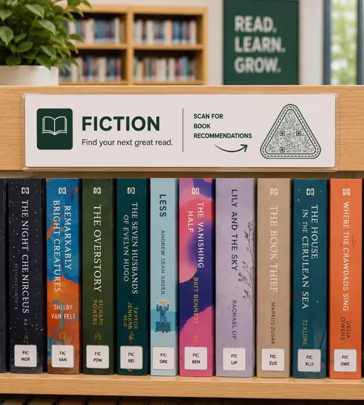 शेल्फ़ के किनारे लगा लेबल, जिस पर “Fiction - find your next great read” और “Scan for book recommendations” लिखा त्रिकोण QR कोड है, नीचे रीढ़ पर लेबल लगे उपन्यासों की क़तार