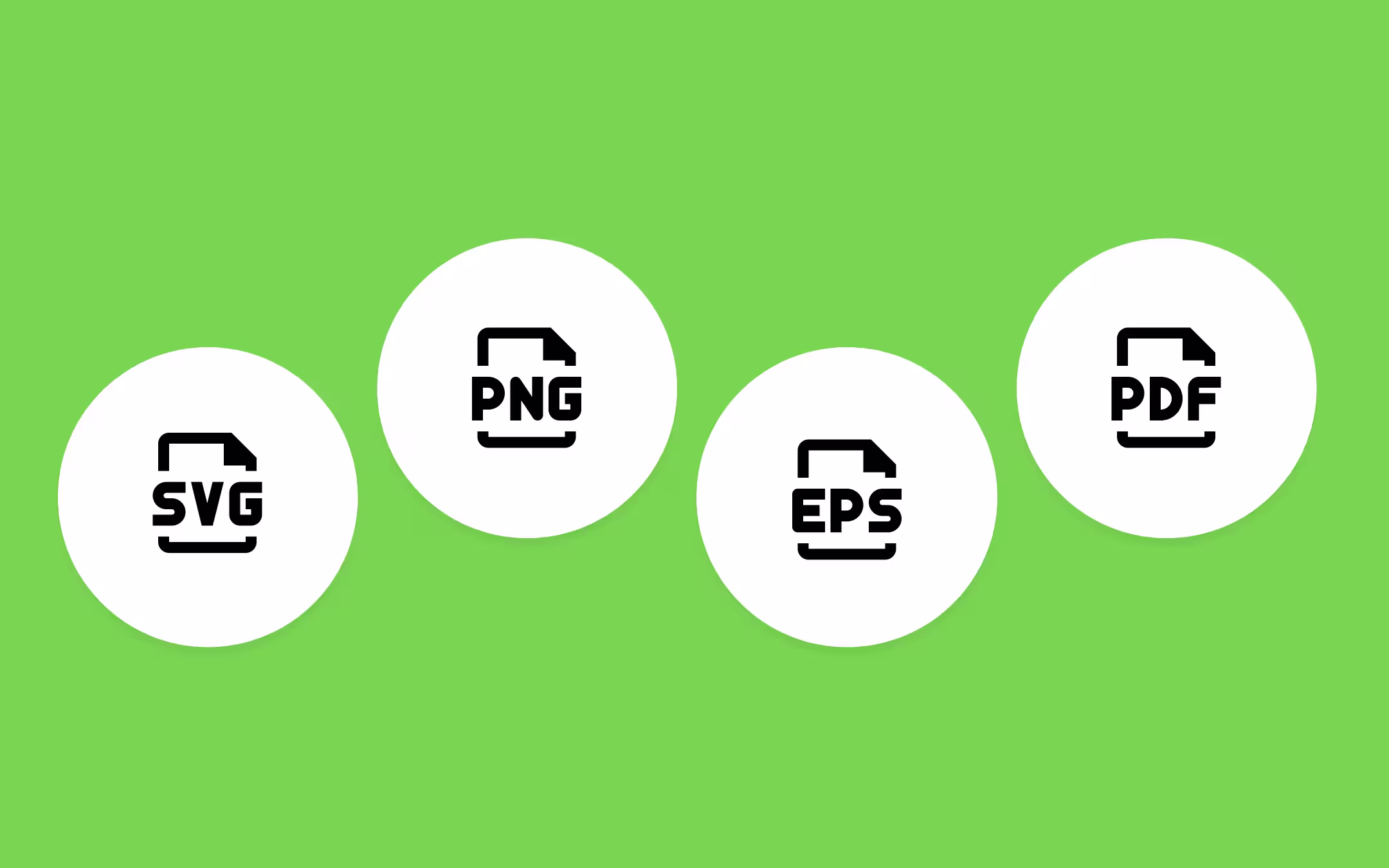 วงกลมสีขาวสี่วงบนพื้นหลังสีเขียว แต่ละวงมีไอคอนไฟล์สีดำที่กำกับว่า SVG PNG EPS และ PDF