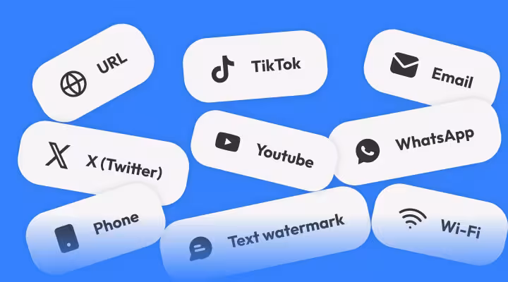Content type labels: URL, Wi-Fi, phone, email, social profiles, and text
