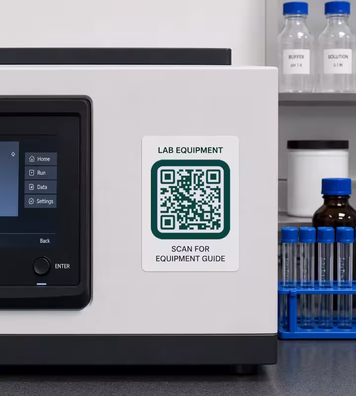 Uma etiqueta branca em um equipamento de laboratório com «Equipamento de laboratório», um QR code quadrado verde e «Escaneie para ver o manual»; atrás, frascos de reagentes e tubos de amostra