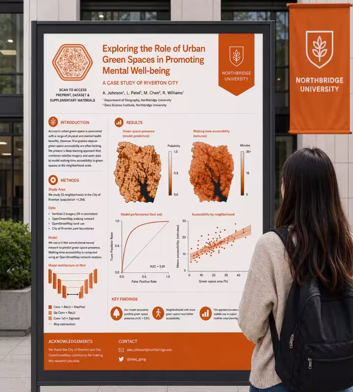 Um pôster científico em um painel sobre áreas verdes urbanas e bem-estar mental, com um QR code no canto superior esquerdo «Escaneie para acessar o preprint, o conjunto de dados e o material suplementar»; à frente, uma visitante o lê