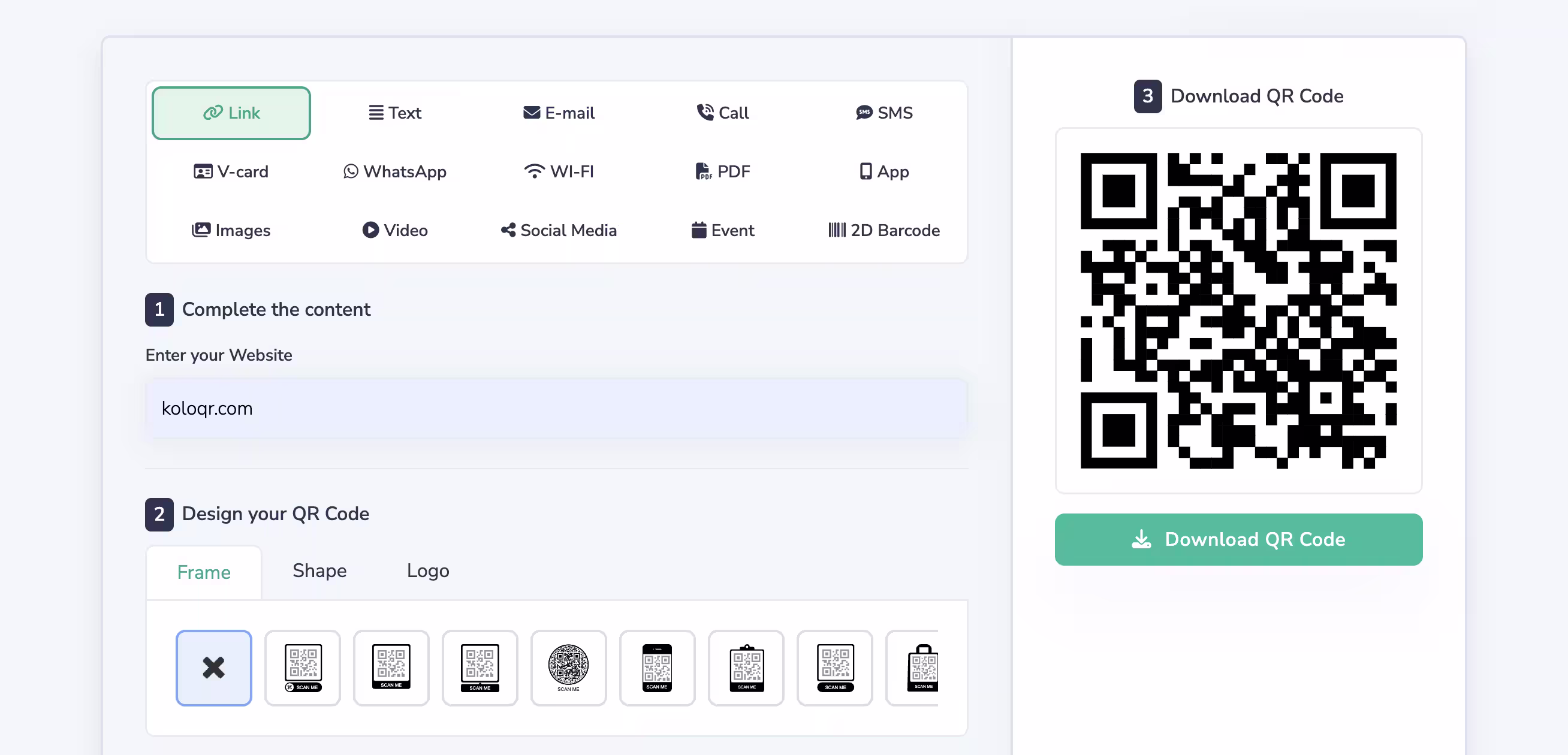 qr.io dashboard showing a generated QR code with customization panel and scan statistics