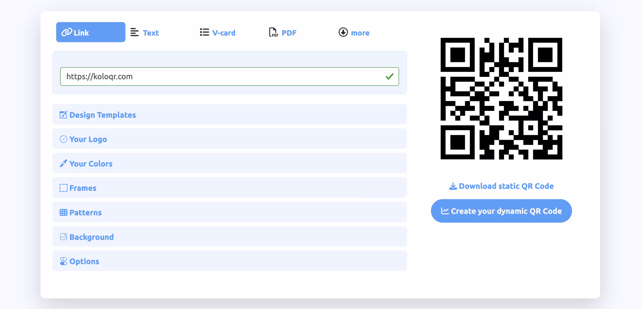 QR Planet's generator with Link, Text, V-card and PDF tabs, collapsed rows for design templates, logo, colors, frames and patterns, and a black QR code above a download static link and a create dynamic button