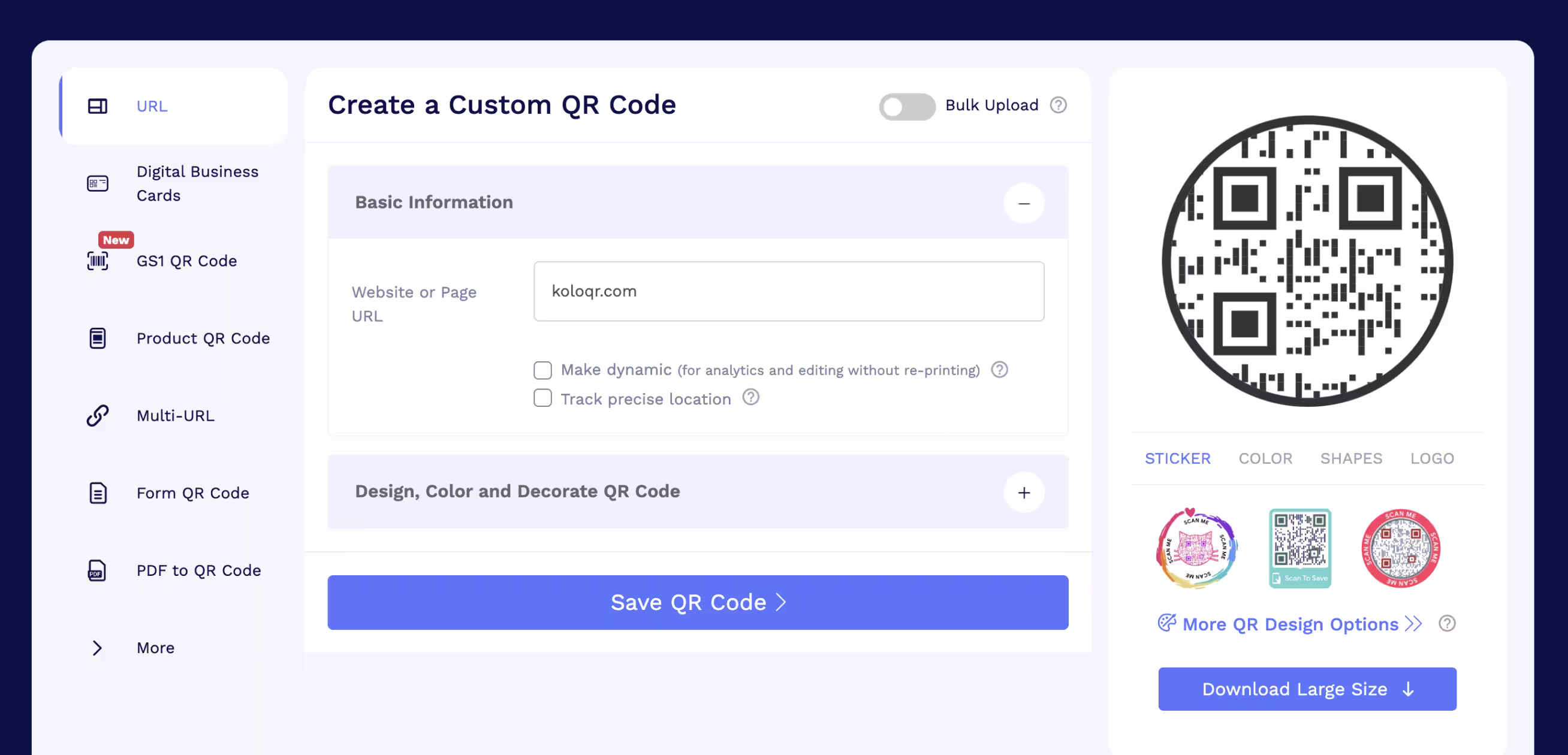 QRCodeChimp dashboard showing a saved QR code with shape and sticker options and a scan statistics panel