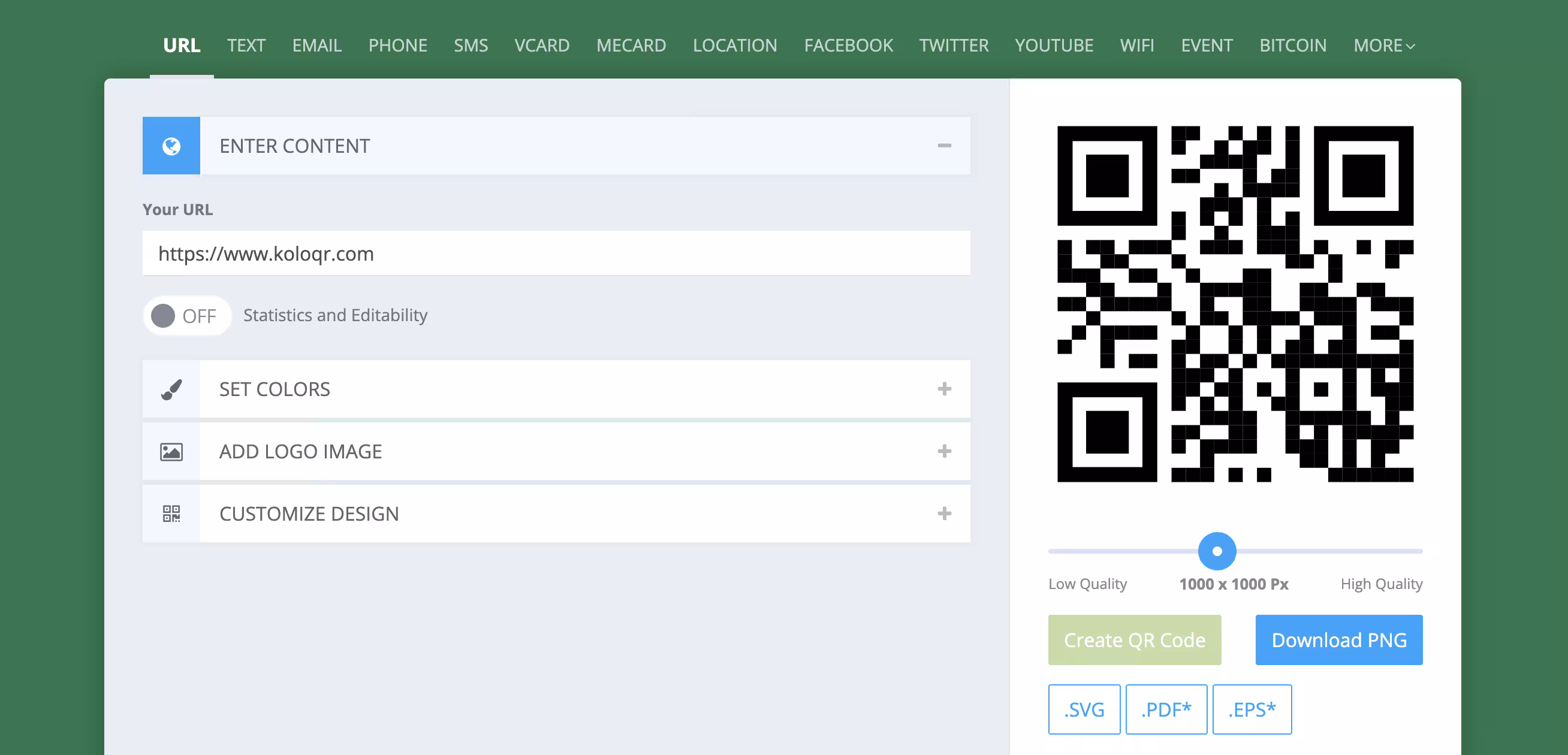 เครื่องมือสร้าง QRCode Monkey แสดงตัวเลือกสไตล์ของจุดและมุม โลโก้ และรูปแบบไฟล์เวกเตอร์ที่ดาวน์โหลดได้