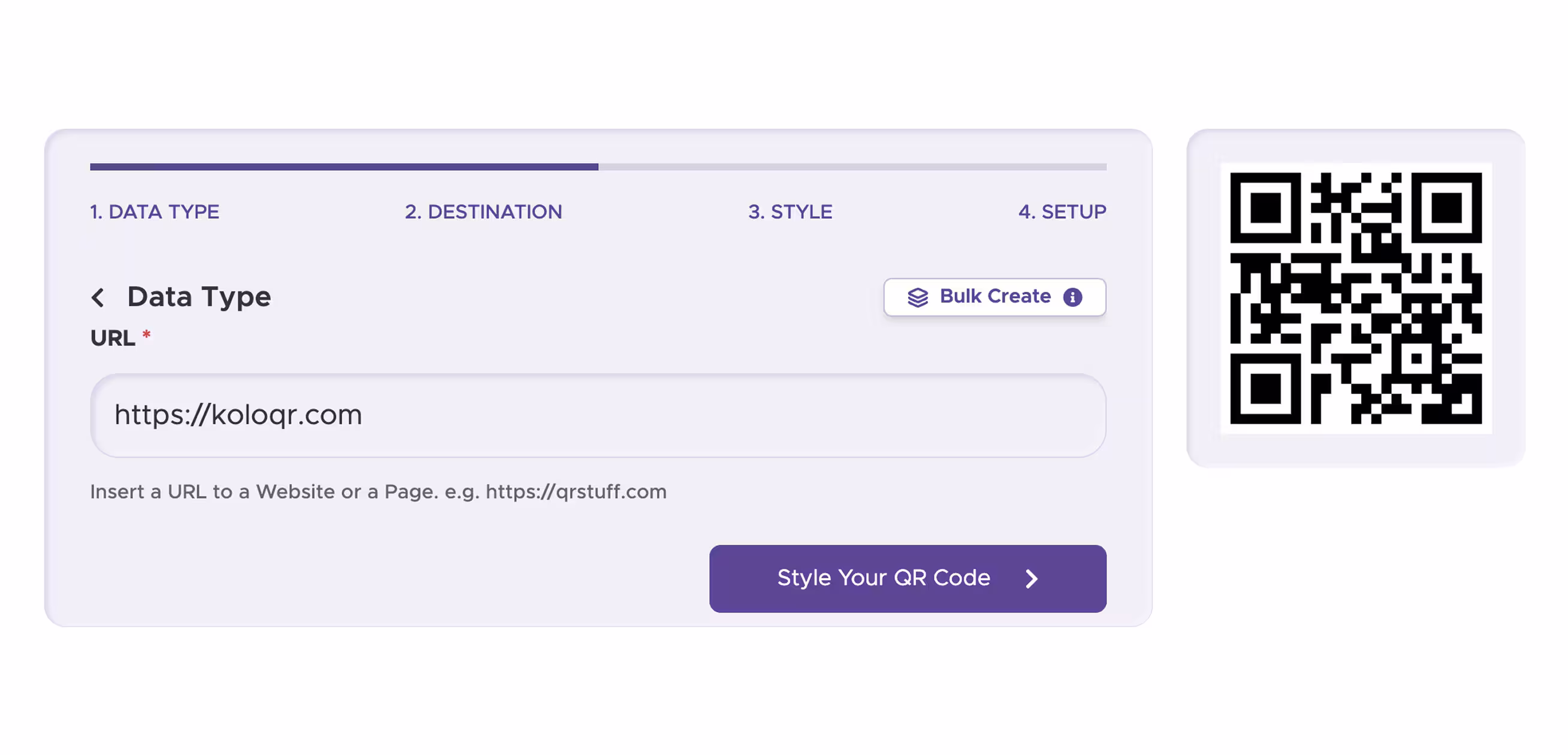 QRStuff generator showing data type selection, color options and the dynamic QR code dashboard