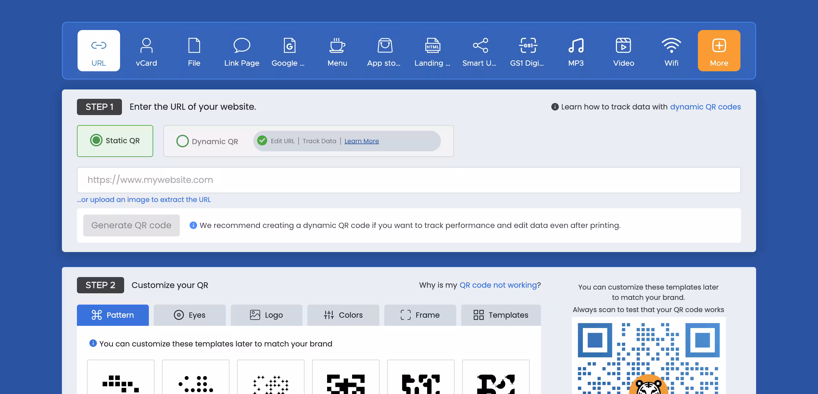 แดชบอร์ดของ QR Tiger แสดงการสร้าง QR Code แบบไดนามิกพร้อมสถิติการสแกน