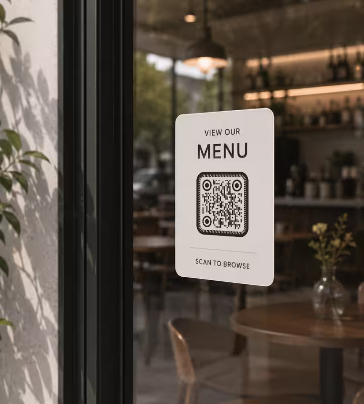 สติกเกอร์ QR Code "ดูเมนูของเรา" บนประตูกระจกของร้านอาหาร