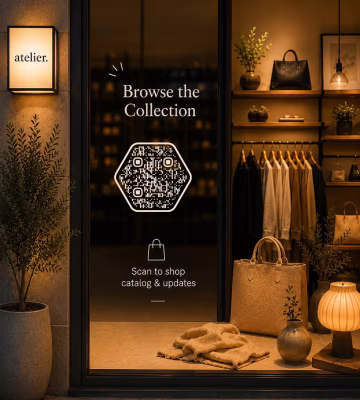 अँधेरे के बाद बुटीक की खिड़की, जिस पर “Scan to shop catalog & updates” लिखा षट्कोण QR कोड है, नीचे रोशन बैग और कपड़ों की सजावट
