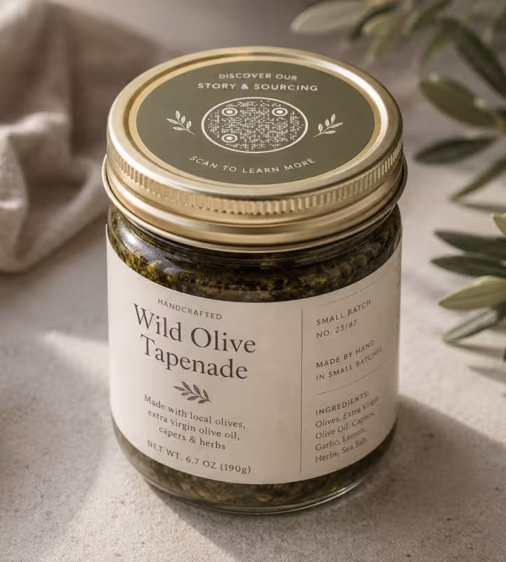 A handcrafted “Wild Olive Tapenade” jar with a round “Scan to learn more” QR code on its gold lid