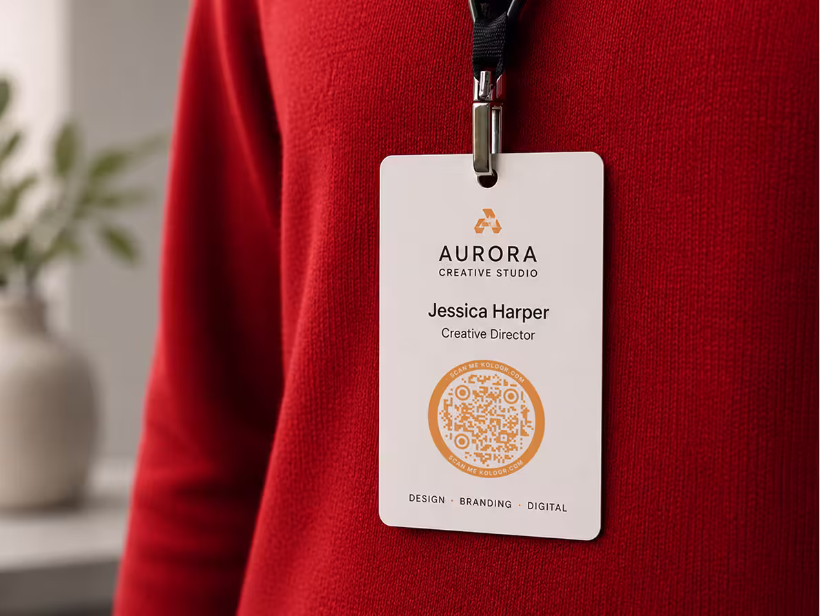 A round circular-framed QR code on an event attendee badge