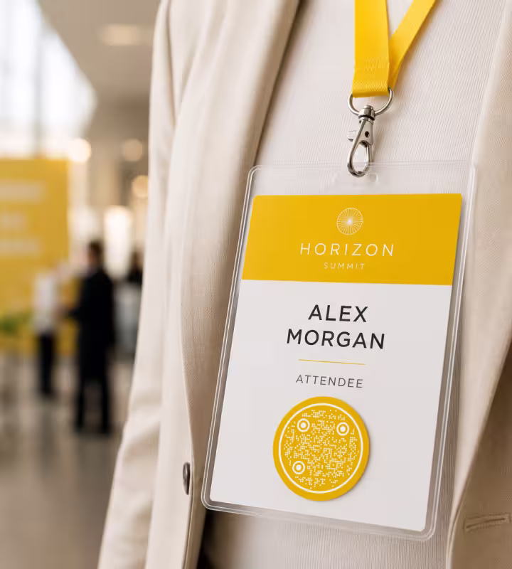 A yellow “Horizon Summit” attendee badge for Alex Morgan on a lanyard, with a round gold QR code