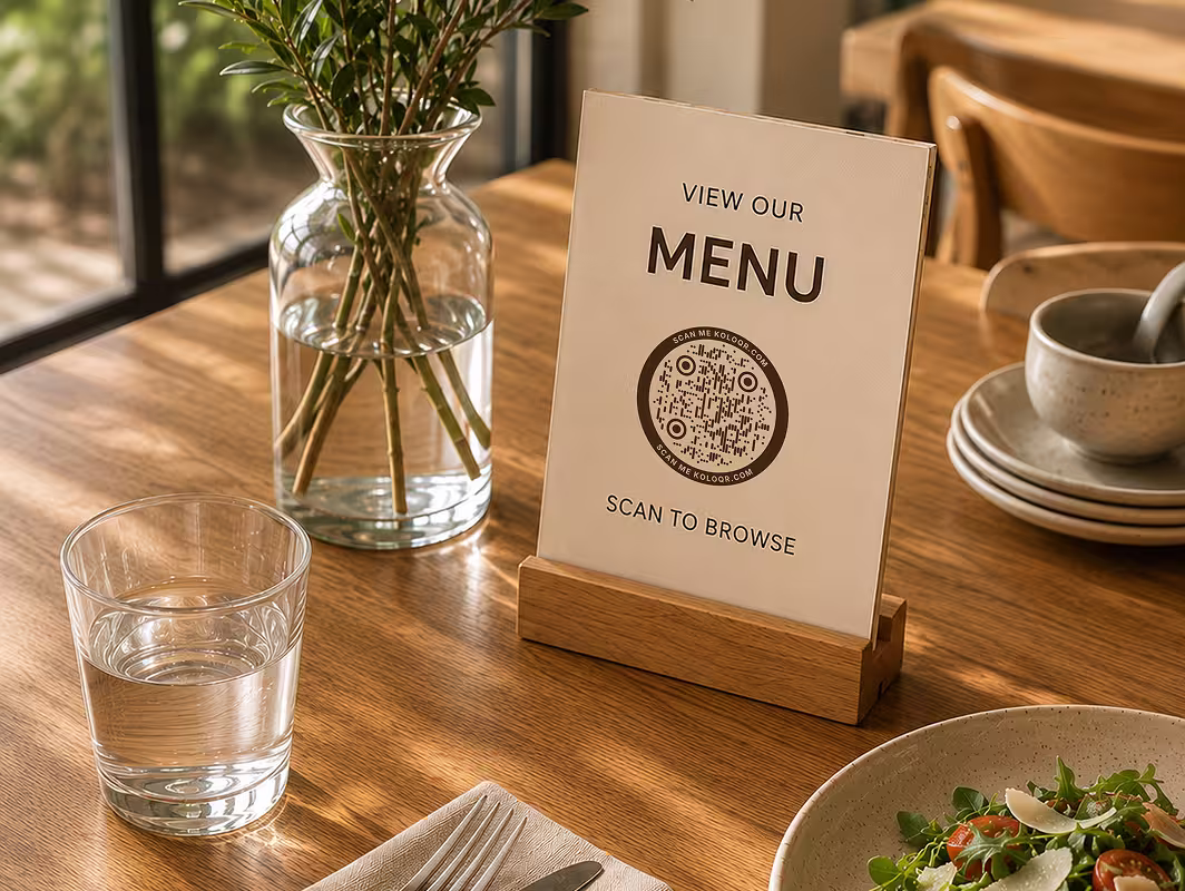A cream “View Our Menu - scan to browse” table card with a round QR code on a wooden stand, beside a glass vase on a café table