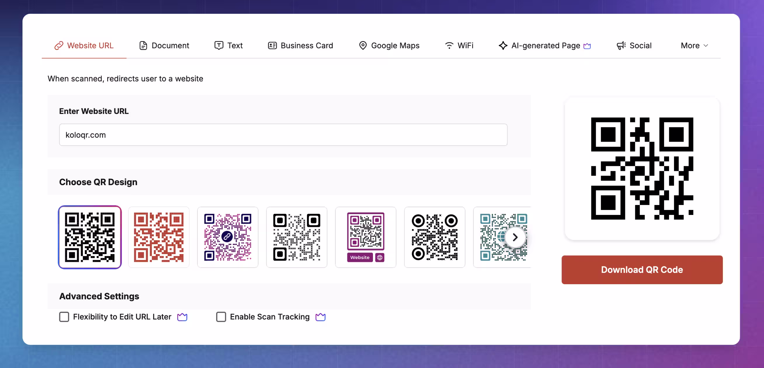 Scanova dashboard showing a generated QR code with its design panel and a scan analytics summary