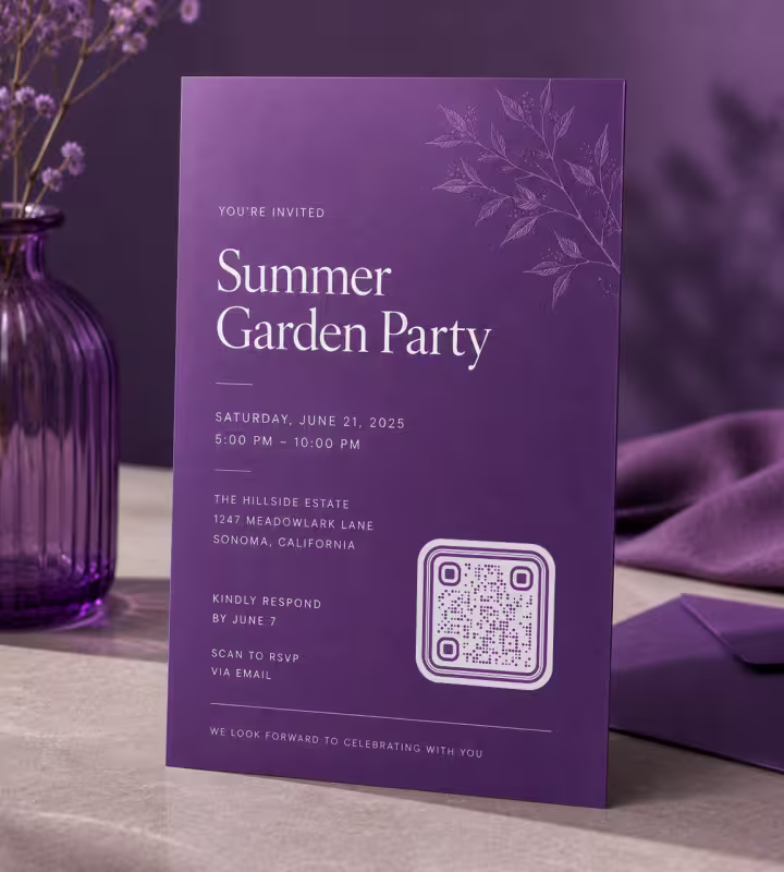ใบปลิวงานสีม่วงพร้อมข้อความ "Summer Garden Party" วันที่จัดงาน และ QR Code วางอยู่บนผ้าสีม่วง