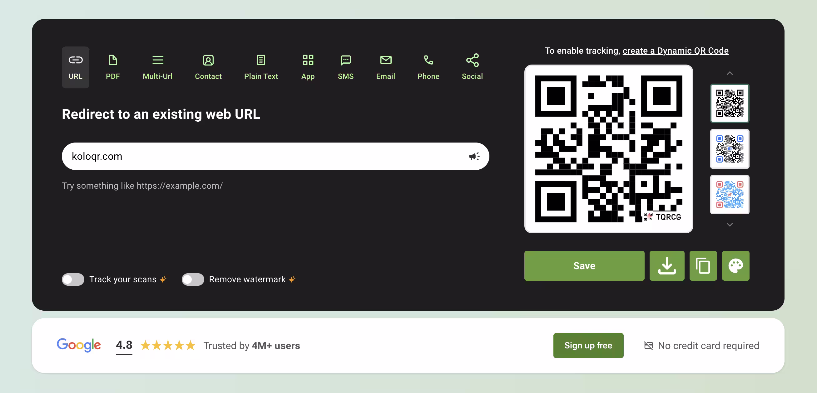 The QR Code Generator's editor with URL, PDF, multi-URL and contact tabs, switches for scan tracking and watermark removal, and a QR code carrying the TQRCG watermark beside saved-code thumbnails