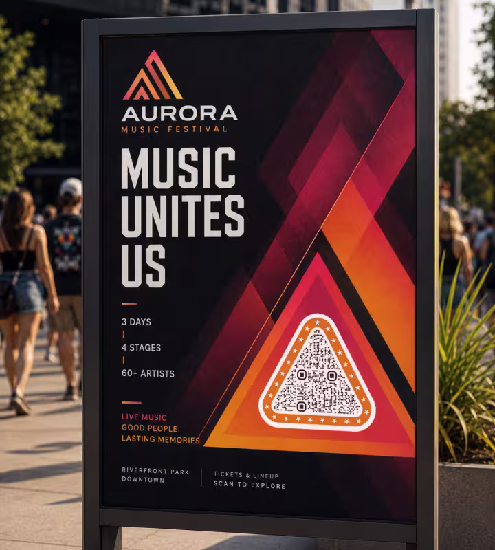 โปสเตอร์ติดถนนสีเข้ม "Aurora Music Festival - Music Unites Us" พร้อมลายสามเหลี่ยมสีส้มและ QR Code ทรงสามเหลี่ยม