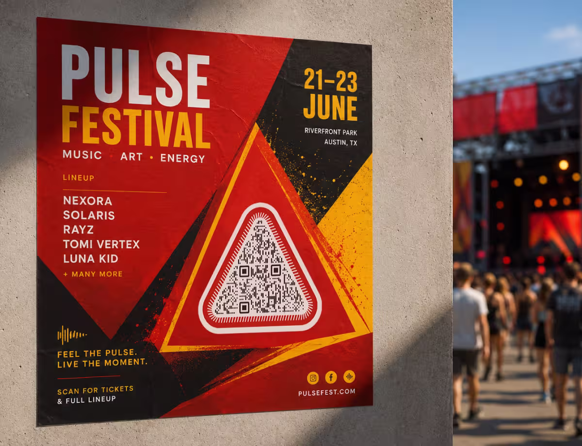โปสเตอร์อีเวนต์สีแดงดำ "Pulse Festival" พร้อมรายชื่อศิลปินและ QR Code ทรงสามเหลี่ยมให้สแกนซื้อบัตร