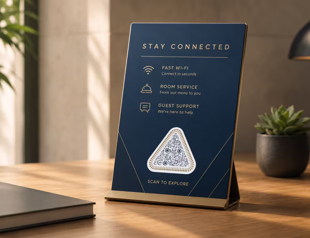ป้ายตั้งข้อมูลในโรงแรมสีน้ำเงินเข้ม "Stay Connected - สแกนเพื่อดูข้อมูล" ที่ระบุ Wi-Fi และบริการต่าง ๆ พร้อม QR Code ทรงสามเหลี่ยม ตั้งอยู่บนโต๊ะไม้