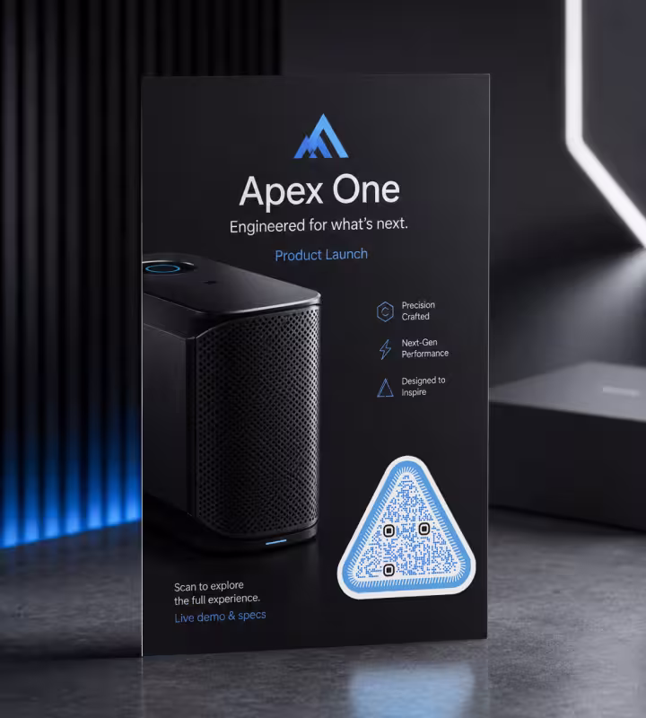 กล่องเปิดตัวสินค้าสีดำ "Apex One" พร้อมลูกเล่นสามเหลี่ยมสีน้ำเงินและ QR Code ทรงสามเหลี่ยม