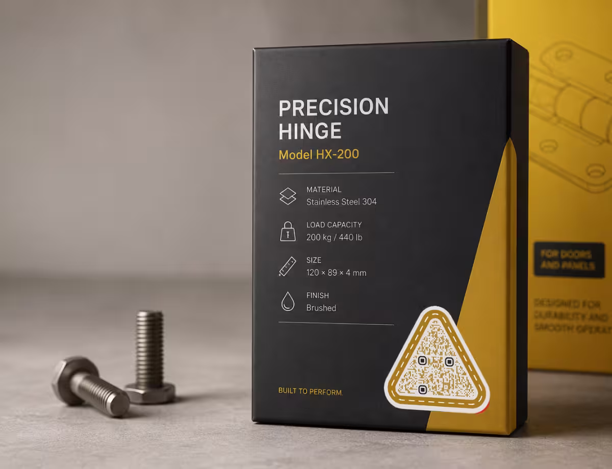 กล่องสินค้าสีดำ "Precision Hinge HX-200" พร้อมรายการสเปกและ QR Code ทรงสามเหลี่ยม วางข้างสลักเกลียวเหล็กสองตัว