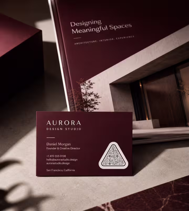 นามบัตรสีแดงเข้ม "Aurora Design Studio" ของ Daniel Morgan วางข้างโบรชัวร์งานออกแบบ พร้อม QR Code ทรงสามเหลี่ยม