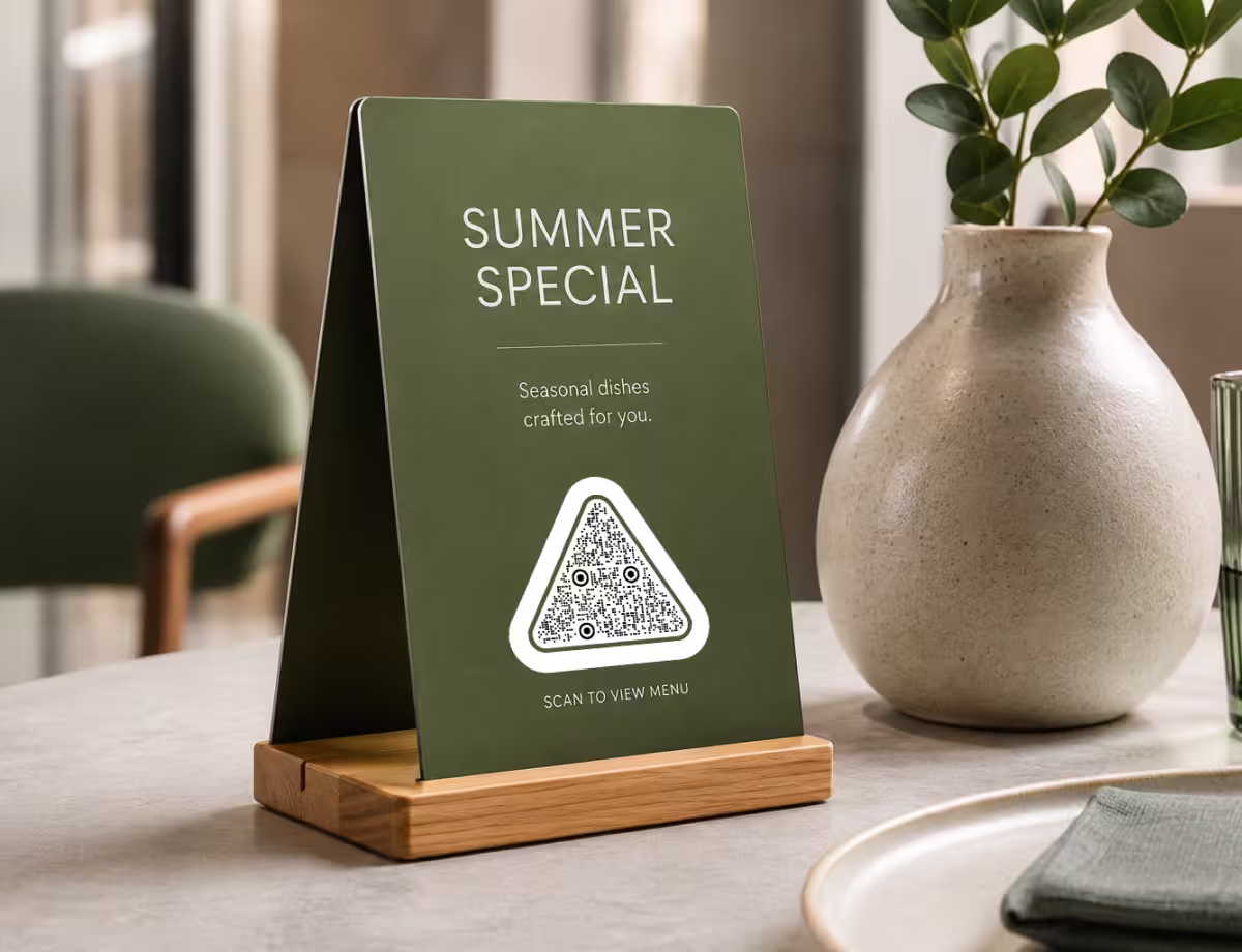 ป้ายตั้งโต๊ะสีเขียวเข้ม "Summer Special - สแกนเพื่อดูเมนู" พร้อม QR Code ทรงสามเหลี่ยม ตั้งอยู่บนขาตั้งไม้ข้างแจกันเซรามิก