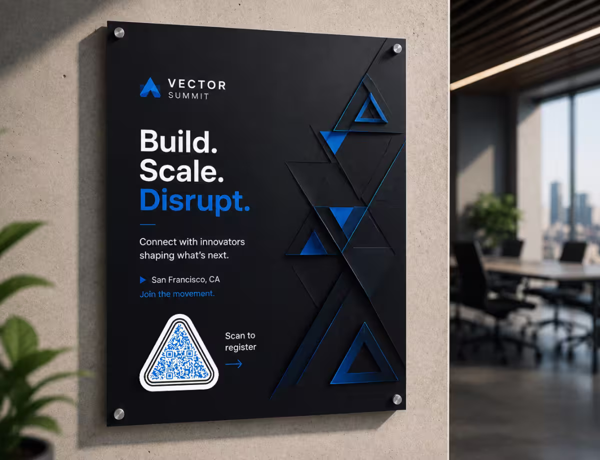 โปสเตอร์ติดผนังสีดำ "Vector Summit - Build. Scale. Disrupt." พร้อมสามเหลี่ยมสีน้ำเงินและ QR Code ทรงสามเหลี่ยมสำหรับลงทะเบียน ติดอยู่บนผนังคอนกรีต