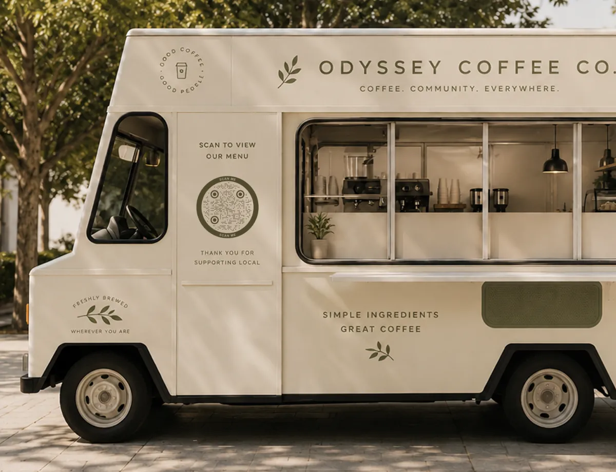 A cream coffee food truck parked under trees, with “scan to view our menu” and a round QR code on its side panel